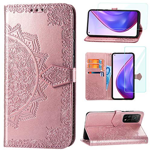 Yohii Funda Xiaomi Mi 10T/Mi 10T Pro 5G + Protector de Pantalla, Libro Caso Piel PU Soporte Plegable Ranuras Cartera con Tapa Tarjetas Magnético Cuero Flip Carcasas, Case para Xiaomi Mi 10T - Oro Rosa