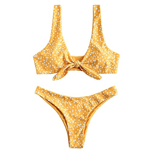 ZAFUL - Conjunto de bikini para mujer, diseño de flores, cintura baja, nudo delantero, dos piezas amarillo M