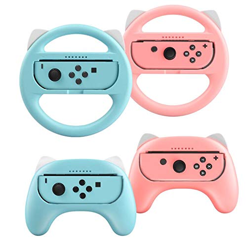 Zexrow Switch Joy-Con volante y mango, 4 unidades, diseño de gatito, ideal para juegos de carreras (rosa y azul)