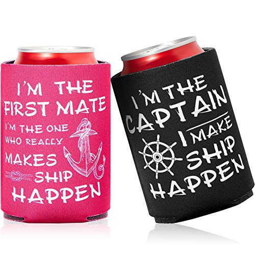 12 Piezas Funda de Enfriador de Botella de Vela Náutica Funda de Lata de Cerveza Regalos de First Mate Ship Happen Nautical, Negro y Rojo Rosado