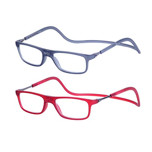 2-Pack Gafas de Lectura Magnéticas Plegables para Hombre y Mujer +3.5 (70-74 años) Presbicia Vista Montura Regulable Colgar del Cuello y Cierre con Imán, Transparente Gris + Transparente Rojo