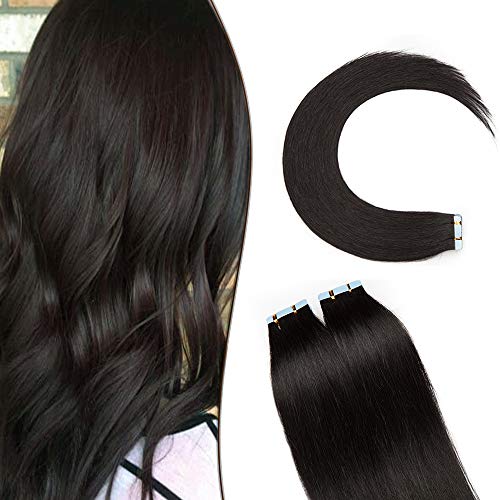 20"(50cm) SEGO Extensiones Adhesivas de Cabello Natural VOLUMEN GRUESO [3g*20PCS] #1 Negro Intenso Pelo Humano 100% Remy sin Clip Tape in Hair (60g)