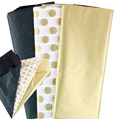 30 Hojas Papel Seda para Envolver Regalos 65x50cm Papeles Envoltura de Colores para San Valentín Cumpleaños Boda Navidad Negro Dorado Blanco