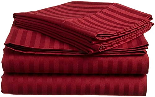4 PC Bed Sheet Set, 100% Long-Staple Combed Cotton, 400 Thread Count ,Breathable, Soft & Silky Sateen Weave Fits Mattress with 38 CM Deep Pocket, Burgundy Stripe - Single Size