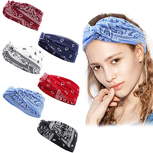 6 Diademas - Paisley Bandana para Mujer, Turbante de Algodón Elástico Banda Ancha Para el Cabello, Pañuelo Para la Cabeza Banda Bandas Elásticas Diadema Bohemia Ideal Para Deportes/Correr/Yoga