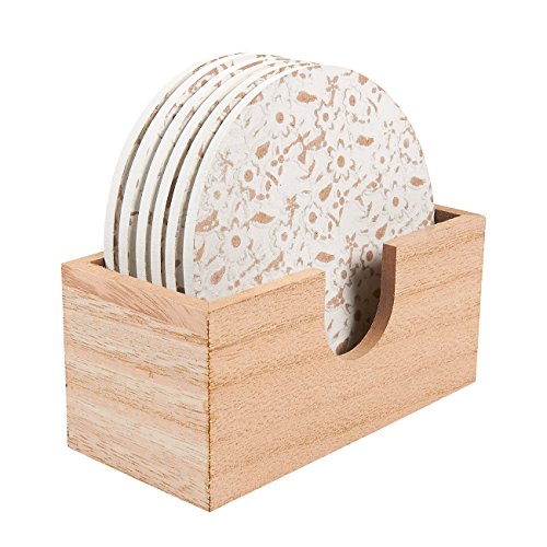 6 redondo posavasos – mesa de bebida y juego de posavasos de con Soporte de madera, diseño de flores, color blanco, 3,8 cm de diámetro