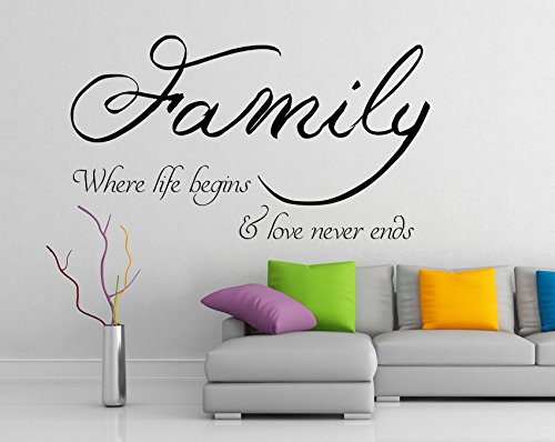 (60x35 cm) Familia Pegatina Frases Paredes, Varilla familia Adhesivo Pared, Vinilo Mural Hogar pegatina, Family where life begins y amor never ends Inglés Texto, Mural Bricolaje Cuarto de estar Adhesivos