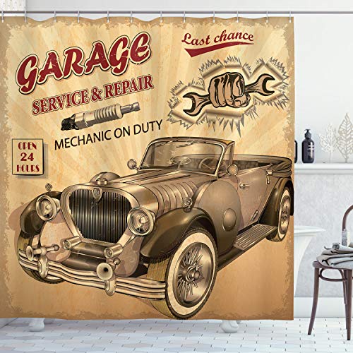 ABAKUHAUS Clásico Cortina de Baño, Reparación del Coche Viejo Estilo, Material Resistente al Agua Durable Estampa Digital, 175 x 180 cm, Sepia Rojo