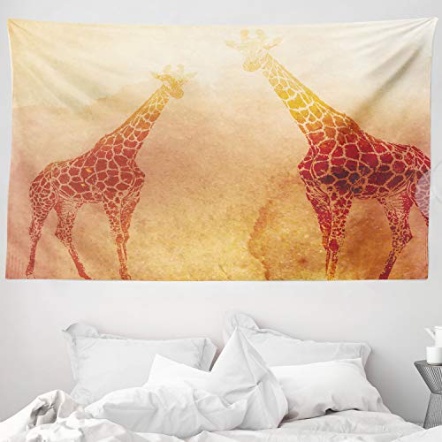 ABAKUHAUS Safari Tapiz de Pared y Cubrecama Suave, Ilustración Trópico Jirafas Africanas Animal Más Alto Mamífero Estampa Vintage Retro, Objeto Decorativo Lavable, 230 x 140 cm, Naranja