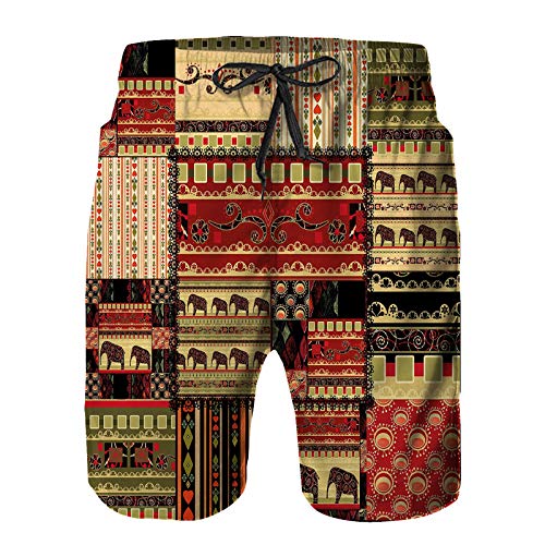 Aerokarbon Hombres Playa Bañador Shorts,Patrón asiático Estilo Patchwork con Estampado temático de Elefantes y Motivos culturales Antiguos,Traje de baño con Forro de Malla de Secado rápido L