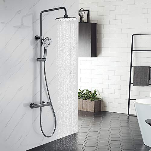 AiHom Columna de Ducha Termostatica 40ºC para Baño Altura Ajustable 829-1221mm Latón 3 Tipos de Chorro Rociador Superior Ducha de Mano Redondo Gris