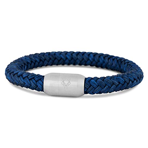 Akitsune Portus Cuerda de Vela Pulsera | Magnético Cierre de cápsula Mujer Hombreas Ancla Hombre Marítimo - Matt Plata - Azul Marino 19cm