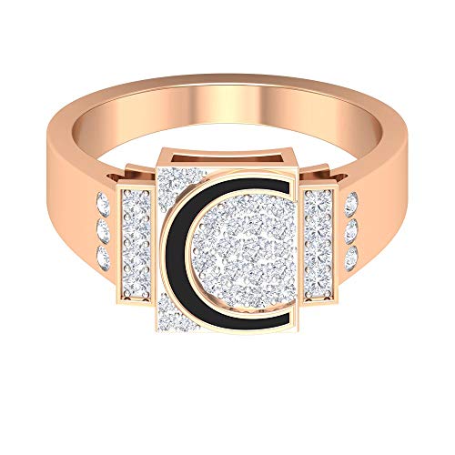 Anillos de compromiso con nombre, anillo de alfabeto C, anillo esmaltado negro, anillos de diamante HI-SI 1/2 CT, anillos iniciales personalizados, anillos de boda únicos, 14K Oro rosa, Size:EU 62