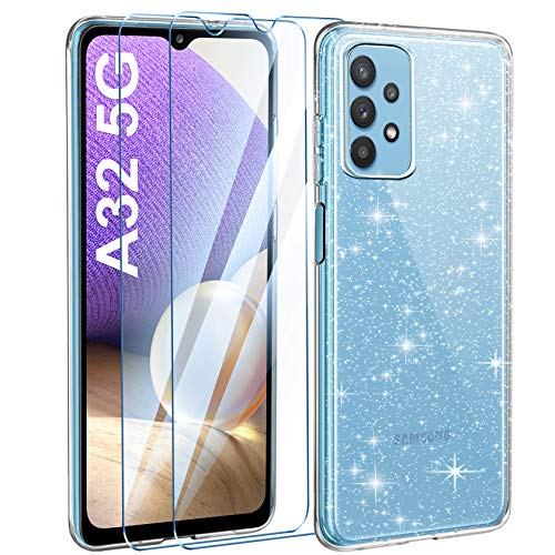 AROYI Funda Compatible con Samsung Galaxy A32 5G Glitter y 2 Piezas Protector de Pantalla Vidrio Templado, Carcasa Liquid Crystal Brillante Silicona Transparente Purpurina Movil TPU Bumper