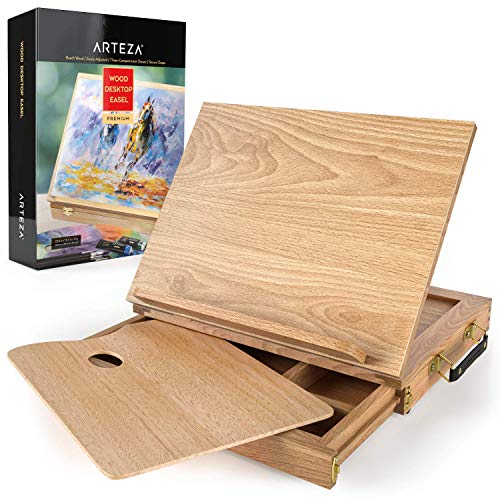 Arteza Atril de escritorio con cajón y paleta de pinturas | 34 x 26 x 5 cm | Maletín de madera | Portátil | Ideal para dibujar y pintar distintos medios