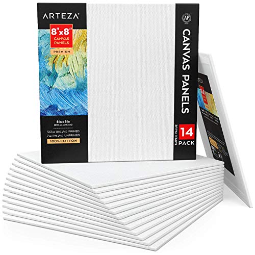 Arteza Paneles de lienzo en blanco, 8”x8” (20,3 x 20,3 cm), pack de 14, 100% algodón, imprimación 350 gsm, sin ácido, para pintura acrílica y al óleo, artistas, pintores aficionados y principiantes