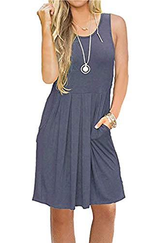 AUSELILY Vestido Informal sin Mangas con Pliegues Sueltos y Pliegues con Bolsillos hasta la Rodilla.（Gris Púrpura,44-46