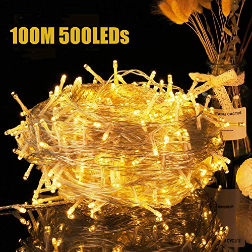 Avoalre Luz Navidad 100M 500 LED Guirnaldas Luces Cadena de Luz con 8 Modos Impermeables Guirnalda Decoracion para Exterior, Interior, Fiesta, Boda, Jardín, Casa, Cumpleaños, Blanco Cálido