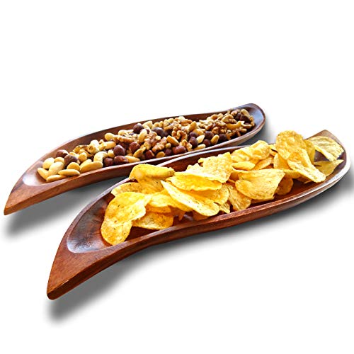 Bandejas - Cuencos de Madera de Acacia en Forma de Hoja (2uds). Bandejas - Cuencos para Aperitivos, Comida o Decorativas Que le Darán un Toque Moderno, Elegante y Original a tu Mesa/40x15x3cm