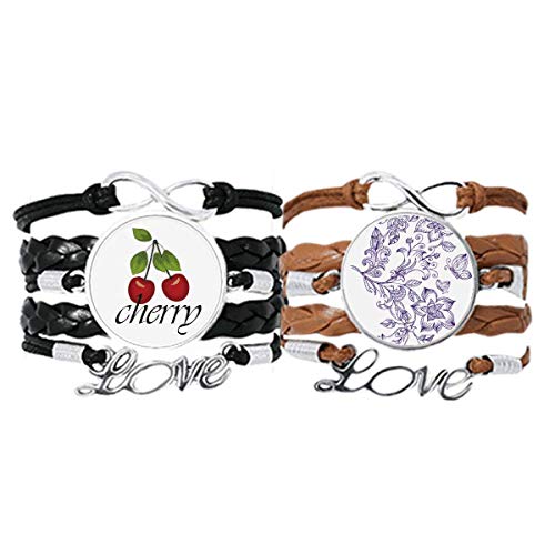 Bestchong Pulsera decorativa con patrón clásico de color lila, correa de cuero, cuerda de cereza, juego doble