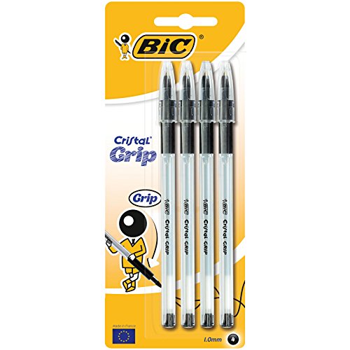 BiC Cristal Grip - Bolígrafo de punta redonda, color negro Blister x 4