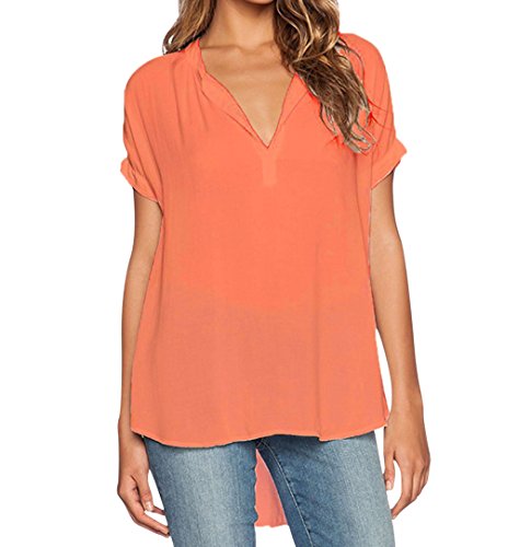 Blusas de Vestir Manga Corta Cuello en V Blusa Gasa Fiesta Camisas Mujer Camisetas Largas Elegantes Dama Bonitas Blusas Top para Señoras Blusones Anchas Camiseta Casual Color Puro Naranja 2XL