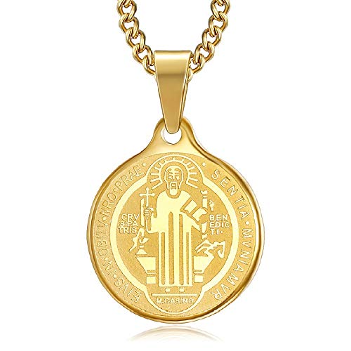 BOBIJOO JEWELRY - Colgante Redondo de la Medalla de Collar de San Benito de Protección de Acero 316L de Oro de Oro Chapado en PVD de la Cadena de - 27mm