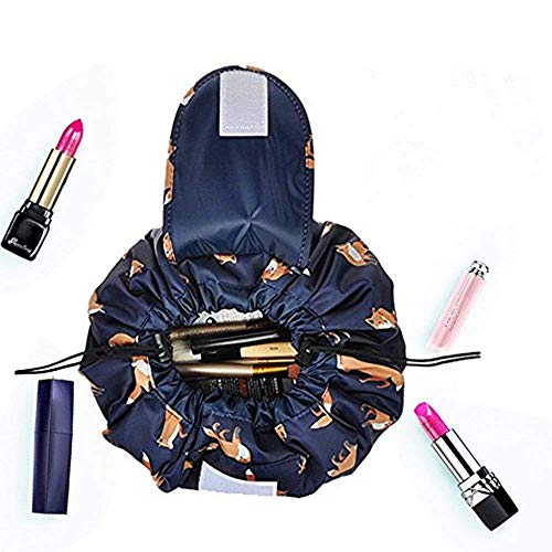 Bolsa de Cosméticos,ONEGenug Bolsa de Maquillaje, Organizador de un Solo Paso con Diseño de Cordón, Bolsa de Cosméticos para Señoras Perezosas (Azul Oscuro)