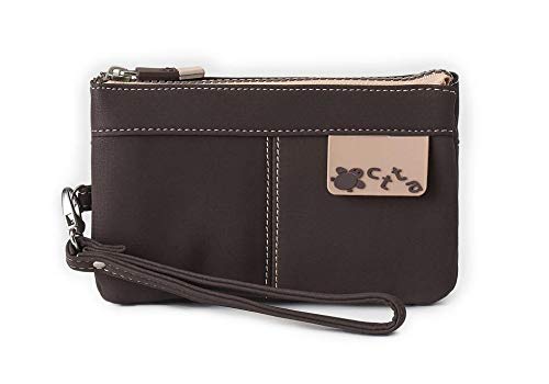 CAMINATTA Bolso de Mano Mujer Monedero Pouch Asa 3 Compartimentos Cartera Cierre Cremallera Gran Capacidad Tarjetero Neceser Sintético 10X17X4 (Marrón)