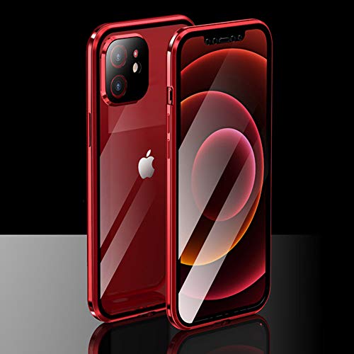 Ceedoo Case para iPhone 12 Mini AdsorcióN MagnéTica Transparente Funda Doble Cristal Templado 360 Telephone Carcasa ProteccióN De La CáMara Incorporado, Rojo