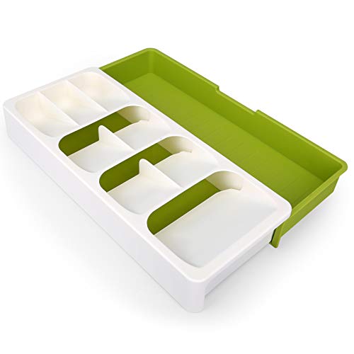 CEGAR Organizador de Cubiertos, Organizador de cajones de Cocina expandible Cubiertos. Bandeja organizadora de cajones, sin BPA, 16.0 x 6.6 x 2.4 Pulgadas （406 * 166 * 59 mm, Crema y Verde