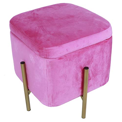 Cikonielf Taburete de Franela de Almacenaje con Tapa Extraíble, Asiento Banqueta Cuadrado de Almacenamiento con Patas de Hierro, 37 x 37 x 42cm(Rosa)