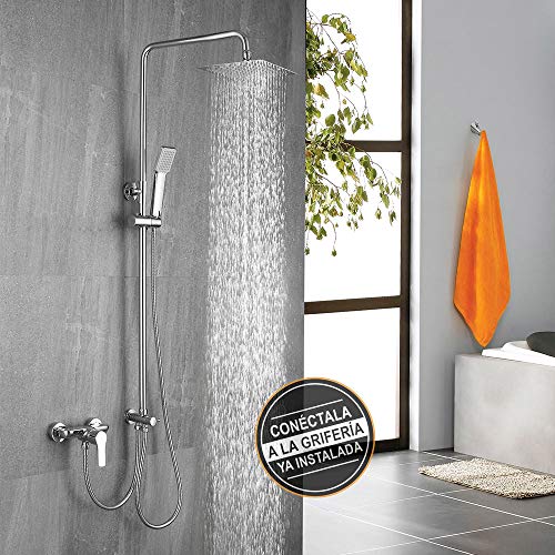 Columna de ducha SIN GRIFERÍA extensible de 80 a 120 cm AZ. Se conecta a grifos de ducha estandar. Incluye desviador, 2 flexos de 60cm y 175cm, ducha de mano y rociador superior con diseño cuadrado