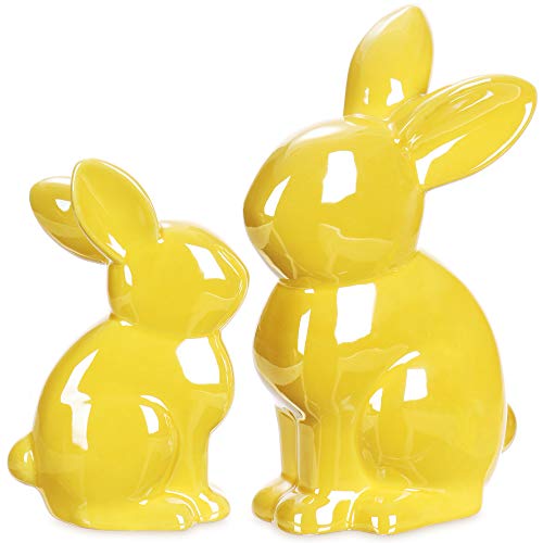 com-four® 2X Conejito de Figura Decorativa Premium, Conejito de Pascua espléndidamente Brillante en Aspecto de nácar, magnífica decoración de Pascua de cerámica (2 Piezas 10 + 20cm Amarillo)