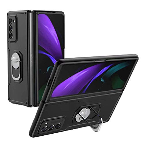 Compatible para Samsung Galaxy Z Fold 2-5G Carcasa(2020)Funda+3D Vidrio Templado Protector de Pantalla/Caja Skin Hard Silicona Cojín Antigolpes Caso Bumper 360° Giratorio Anillo Soporte Funda-Negro