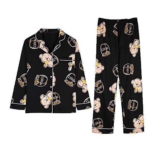 Conjunto De Pijamas De Algodón De Manga Larga para Mujer, Ropa De Dormir Suave, Informal, Cómoda, con Estampado De Dibujos Animados, Tops Y Pantalones, Ropa De Dormir De 2 Piezas, Pijamas,Negro,L