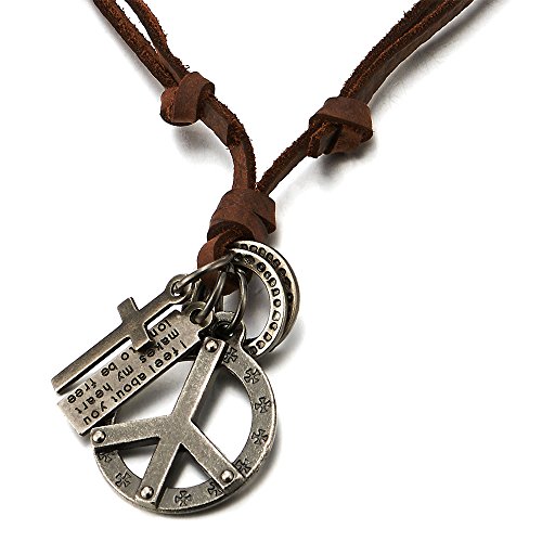 COOLSTEELANDBEYOND Unisex Vintage Colgante Símbolo contra la Guerra Cruz, Collar de Hombre Mujer, con Cordón de Cuero Ajustable