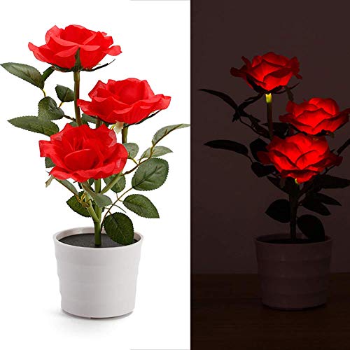 CVERY Solar Macetero Luz LED - Rosa Flor Lámpara Mesa con / 3 LED Floral - Jardín Exterior Césped Plantas Hogar Dormitorio Decorativo Mesita Escritorio Bonsái Luces - Rojo, Free Size