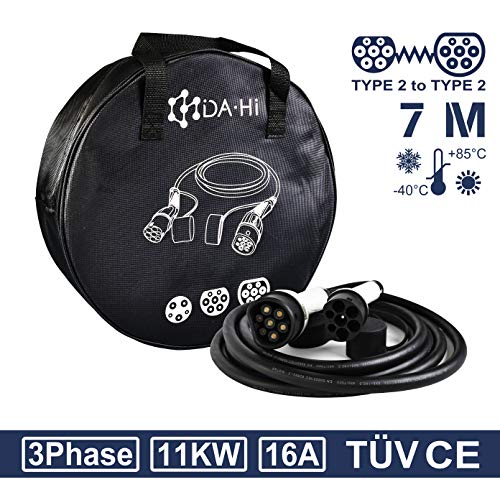 DA • Hi Cable de carga para vehículos eléctricos e híbridos tipo 2 | 11 KW 16 A 3 fase 7 m blanco / negro | Certificación TÜV y CE, IP54, Protección contra lluvia, viento y polvo