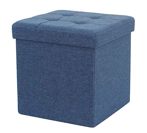 D&D Quality Puff Almacenaje Plegable, Asiento Acolchado, 38 x 38 x 38 cm - Exterior Tapizado Estilo Lino - Caja Almacenamiento Cuadrada (Azul Marino)