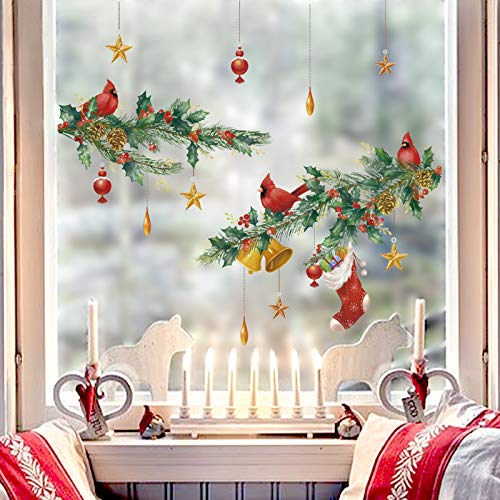 decalmile Pegatinas de Pared Navidad Puerta Vinilos Decorativos Navidad Cardenal Aves Piñas Adhesivos Pared Ventanas Puerta Tienda Escaparate Navidad Decoración