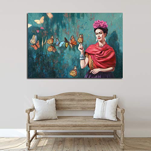 Desconocido Cuadro Lienzo Autorretrato Frida Kahlo Mariposas – Varias Medidas - Lienzo de Tela Bastidor de Madera de 3 cm - Impresion Alta resolucion (80, 54)