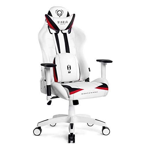 Diablo X-Ray Gaming Silla de Oficina Silla Gamer Apoyabrazos 4D Diseño Ergonomico HQ Cuero Sintético Perforación Función de Inclinación Soporta hasta 200 kg (Blanco-Negro, XL)