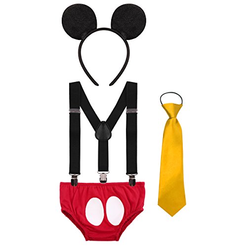 Disfraz de Mickey Infántil Bebé Niños Niñas Lindo Ratón 1er/2do/3er Cumpleaños Halloween Traje Algodón Calzoncillos+Tirantes+Corbata+Diadema de Oreja Fiestas Carnaval 004 Rojo 12-18 Meses