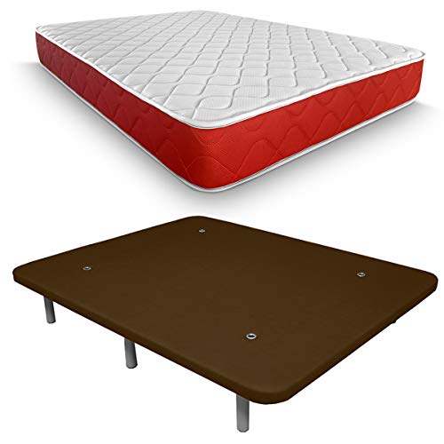 Duérmete Online Colchón Viscoelástico + Base Tapizada 3D Reforzada 5 Barras de Refuerzo y Válvulas de Ventilación con 6 Patas Lite Reversible, Madera, Chocolate, 90x180