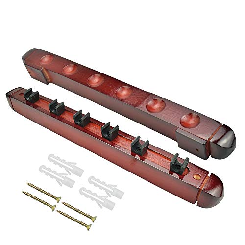 DURANTEY Soporte de pared para tacos de billar de madera, 2 unidades, soporte de pared para taco de billar, soporte de pared rojo con 6 tacos para accesorios de billar (40 x 4,8 x 3,5 cm)