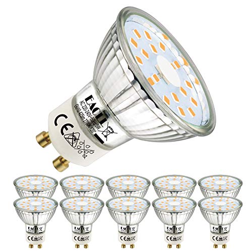 EACLL Bombillas LED GU10 2700K Blanco Cálido 5W Fuente de Luz 425 Lúmenes Equivalente 50W Halógena. AC 230V Sin Parpadeo Focos, 120 ° Spotlight, Blanca Cálida Lámpara Reflectoras, 10 Pack