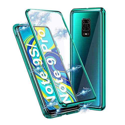 Ellmi Funda para Xiaomi Redmi Note 9S/Note 9 Pro, Adsorción Magnética Parachoques de Metal con 360 Grados Protección Case Cover Transparente Ambos Lados Vidrio Templado Cubierta, Verde