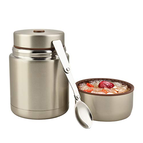 Eluck Recipiente térmico para comida, gran capacidad, 800 ml, acero inoxidable, termo con cuchara, sin BPA (dorado champán)