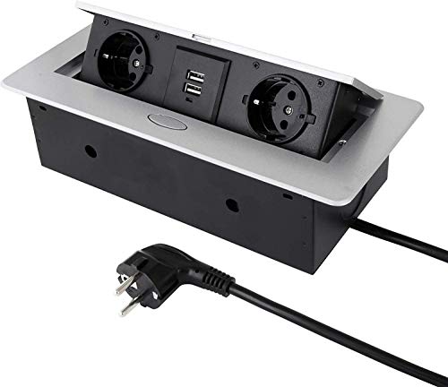Enchufe empotrable retráctil de 2 enchufes + USB, aluminio inyectado, con apertura suave, listo para conectar con cable de alimentación de 3 m (plateado).